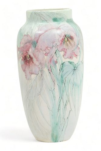 Claude Leffler for Weller Pottery (American) Vase, Blooming Red Irises, Ca. 1910, H 14" Dia. 6"