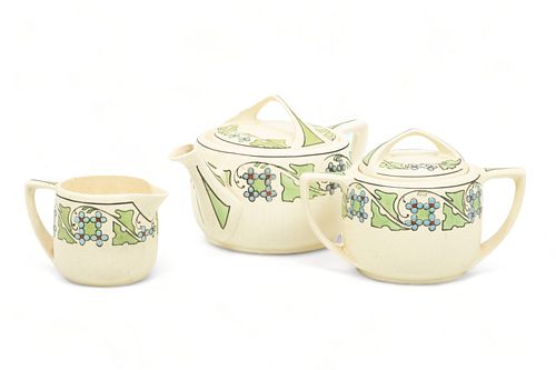 Roseville Pottery (American) 'Forget-me-not' Teapot, Creamer & Sugar, Ca. 1920, H 4.5" W 5" L 9.5" 3 pcs