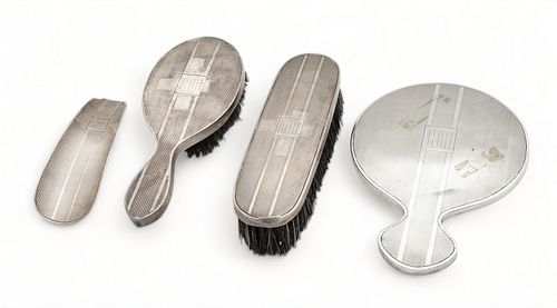 Gorham Sterling Silver Dresser Set: Hand Mirror, Shoe Horn, Clothes & Hair Brushes  1916, 4 pcs