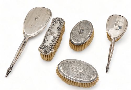 Sterling Silver Vanity Mirror And Brushes Ca. 1930, 5 pcs