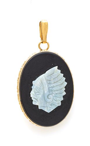Opal, Black Onyx & 14k Gold Pendant, Native American Chief, H 1.5" W 1" 6.5g