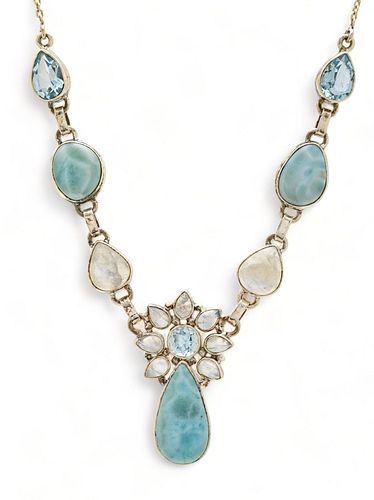 Blue Topaz, Larimar & 925 Silver Necklace, L 17" 25g