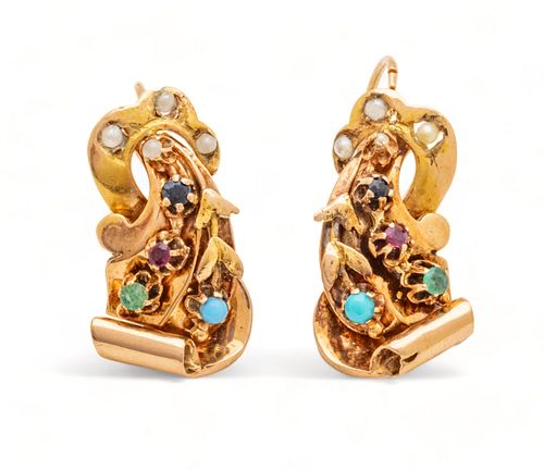 Yellow Gold Earrings, Seed Pearl, Sapphire, Persian Turquoise, Emerald & Rubies, H 1.25" W 0.25" 1 Pair