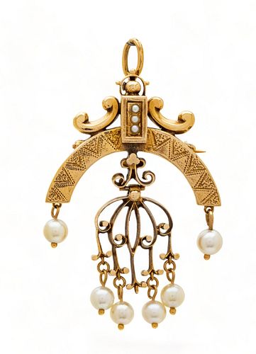 Victorian 14k Yellow Gold & Pearl (4.5mm) Pendant-pin, Ca. 1880, H 2" W 1.25" 8g