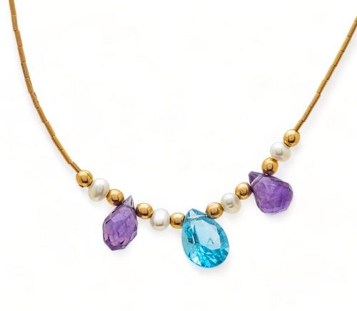 Blue Topaz, Amethyst, Pearl & 14k Gold Necklace, L 15" 2g