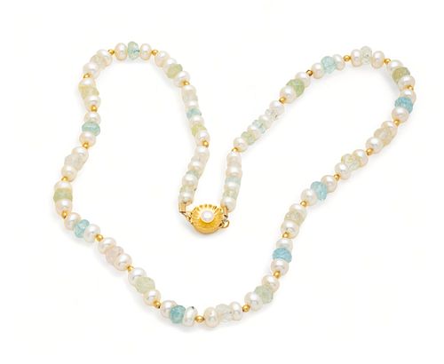 Pearl (5.2-5.6mm), Aquamarine Bead & 14k Gold Necklace, L 18"