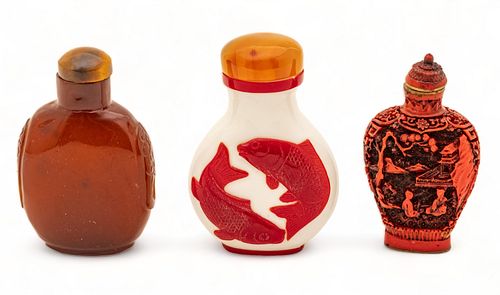 Chinese Pekin Glass, Glass Overlay & Cinnabar Snuff Bottles H 3" 3 pcs