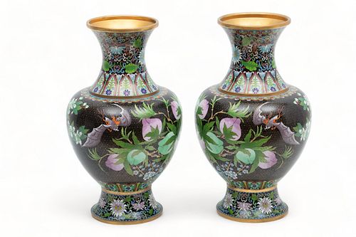 Chinese Cloisonne Vases, Ca. 20th C., "Plum Blossoms And Bats", H 15.5" Dia. 9"