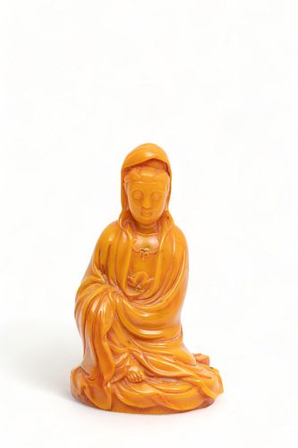 Chinese Carved Amber Figure of Guanyin, Ca. 20th C., H 9.5" W 5.5" Depth 4.25"