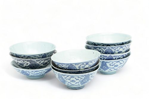 Chinese Blue & White Porcelain Bowls, H 2.75" Dia. 6.5" 10 pcs