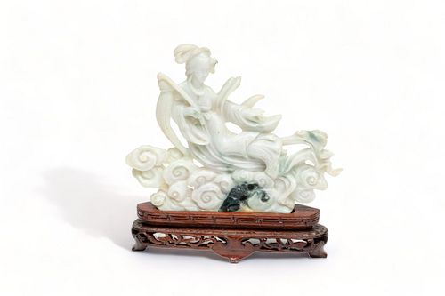 Carved Jade, Quan Yin on Clouds, Light Green Ca. 1950, H 4.5" L 5.8"