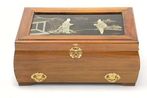 Chinese Wood And Hardstone Jewelry Box H 6" L 14" Depth 9"