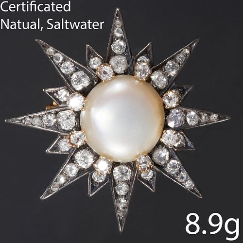 VICTORIAN CERTIFICATED NATURAL PEARL AND DIAMOND STAR BROOCH/PENDANT
