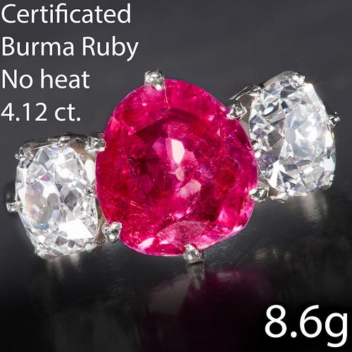 MAGNIFICENT AND IMPORTANT CERTIFICATED ANTIQUE 4.12 CT. BURMA 'MOGOK' NO HEAT AND DIAMOND 3-STONE RING