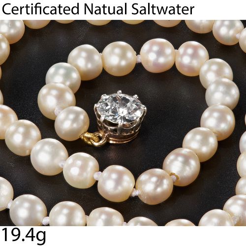MAGNIFICENT CERTIFICATED SINGLE STRAND PEARL NECKLACE WITH A DIAMOND CLASP