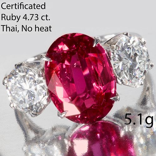 IMPORTANT CERTIFICATED 4.73 CT. RUBY AND DIAMOND 3-STONE RING