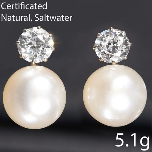 CERTIFICATED NATURAL SALTWATER PEARL AND DIAMOND EARRINGS