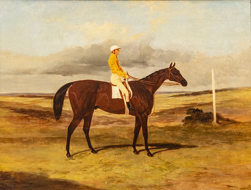 Harry Hall (English, 1815-1882) Oil on Canvas, Ca. 1873, "Kingston with Nat Flatman Up", H 28" W 36"