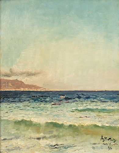 Alfred Emile Leopold Stevens (Belgian, 1823-1906) Oil on Beveled Mahogany Panel, Ca. 1894, "Coast of Cap-Martin, France", H 16" W 12.5"