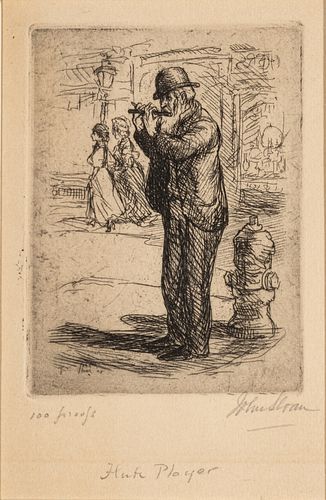 John Sloan (American, 1871-1951) Etching on Paper, 1905, "The Flute Player", H 3.7" W 2.8"