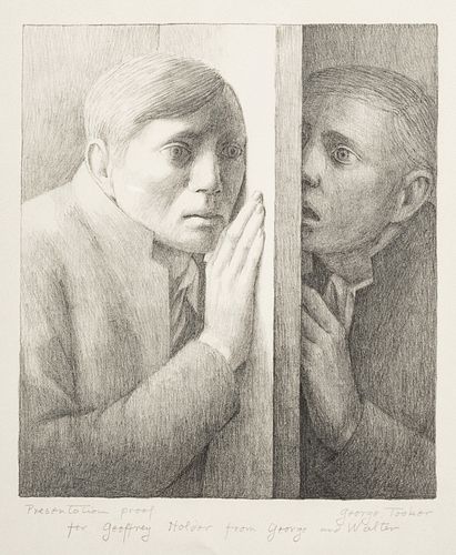 George Tooker (American, 1920-2011) Lithograph on Paper, 1970, "The Whisper", H 11" W 9.75"