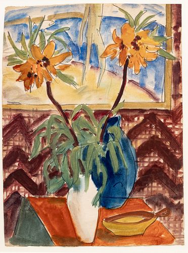 Max Kaus (German, 1891-1977) Watercolor on Paper 1921, "Flower in Vase", H 24" W 17.5"