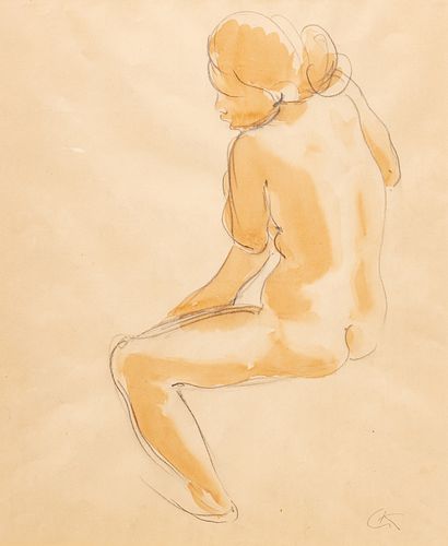Georg Kolbe (German, 1877-1947) Pencil And Gouache on Paper "Seated Nude from Rear", H 15.5" W 13"