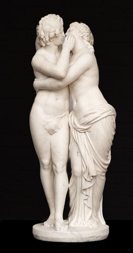 Scipione Tadolini (Italian, 1822-92) Roman Carrara Marble Sculpture 1869, "Cupid And Psyche", H 37" Dia. 14"