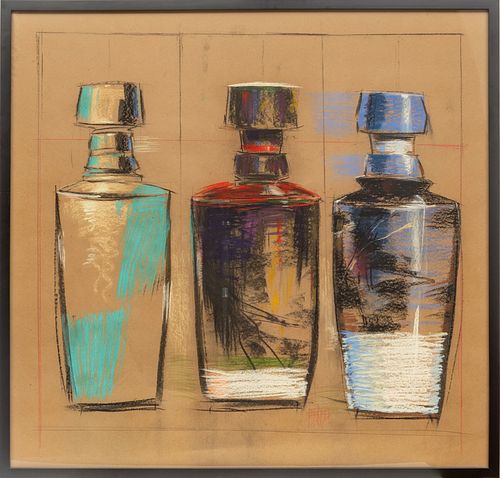 Richard Reed (American) Pastel And Graphite on Brown Paper, "Three Bottles", H 43" W 43"