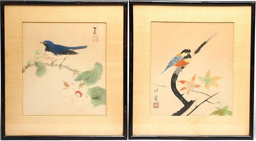 Pair of Chinese Inks on Silk Bird Paintings