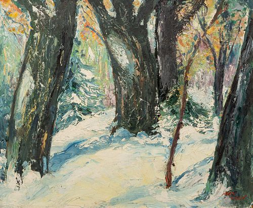 Karl Larsen (Danish, 1897-1977) Oil on Masonite, "Deep in the Forest", H 20" W 24"