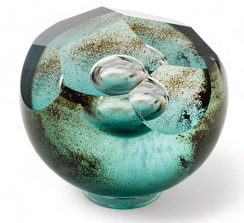 David Schwarz (American, B. 1952) Blown Glass, Coldworked 1993, "Orb (Blue)", H 8" Dia. 9"