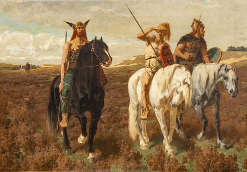 French Oil on Canvas, Ca. Later 19th C., "Vercingetorix And the Gauls", H 29" W 41"