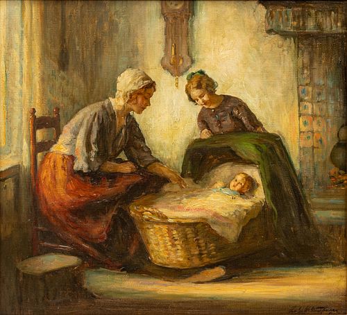 Charles Waltensperger (Amer. Mich., 1870-31) Oil on Canvas Ca. 1920, "Interior Scene, Mother And Child", H 20" W 22"