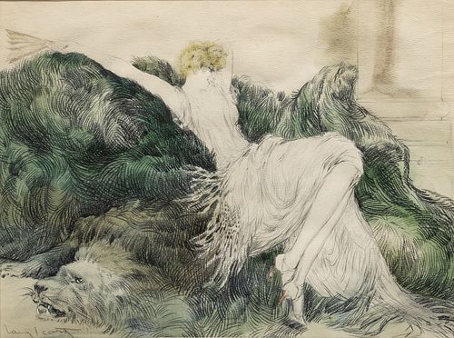 Louis Icart (French, 1888-1950) Watercolor, Pencil, Gouache And Charcoal on Illustration Paper Ca. 1924, "Paresse", H 14.25" W 19"