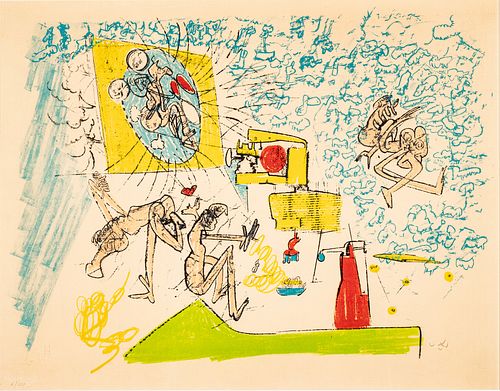 Roberto Matta (Chilean, 1911-2002) Etching with Aquatint in Colors on Paper, 1972, "Les Oh Tomobiles: Plate 1", H 16.25" W 21.75"