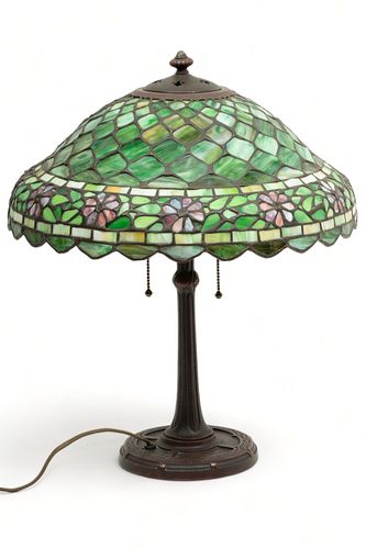 Handel Lamp Company Art Glass Table Lamp on a Bradley And Hubbard Base  1900-1910, H 20.25" Dia. 17"