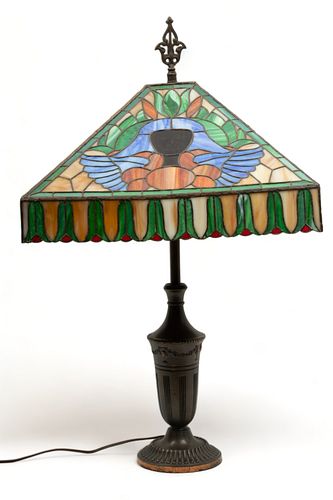 American Art Glass And Patinated Copper Tetrahedron Table Lamp Late 20th C., "Egyptian Pharoahs", H 34" W 20" L 20"