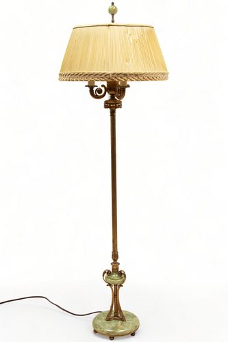 Neoclassical Style Bronze & Green Onyx Floor Lamp, Ca. 1930, H 67" Dia. 21"
