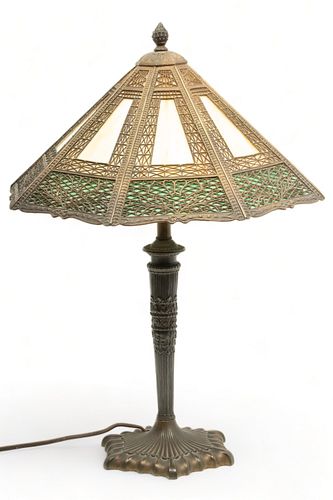 American 8-Panel Slag Glass & Patinated White Metal Lamp, Ca. 1910, H 24" Dia. 17"