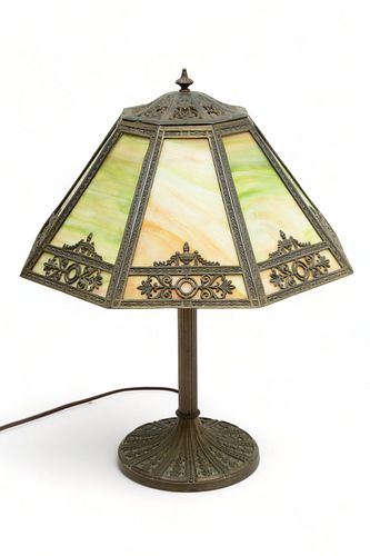 American 8-Panel Slag Glass & Patinated White Metal Lamp, Ca. 1910, H 21" Dia. 16"