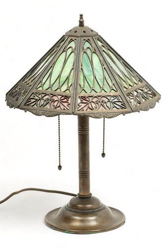 American 8-Panel Slag Glass & Patinated White Metal Lamp, Ca. 1910, H 18.5" Dia. 13.25"