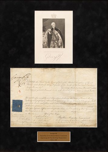 King George III (English, 1760-1820) Signed Military Commission Document, Ca. 1812, H 9" W 13.25"