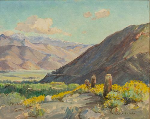 Evylena Nunn Miller (American, 1888-1966) Oil on Canvasboard, "California Desert Landscape", H 15" W 19"
