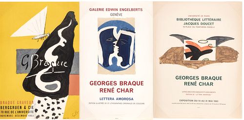Georges Braque (French, 1882-1963) Lithographic Posters Ca. 1963, "Rene Char; Berggreuen & Cie", Group of 3 H 29.75" W 22"