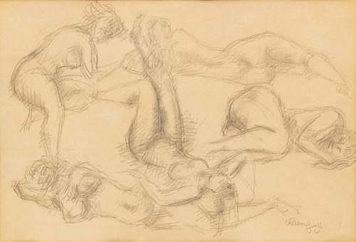 Chaim Gross (American, 1904-1991) Graphite Study on Paper 1950, "Five Nudes", H 15" W 25"