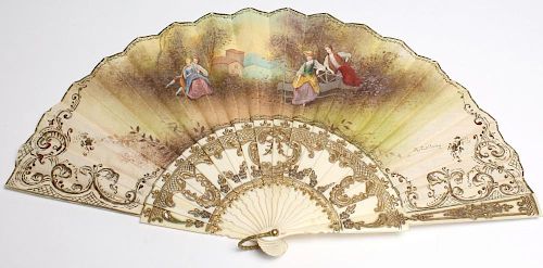 Carved Bone & Hand-Painted Rococo-Style Fan