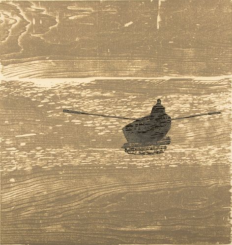 Paul Shaub (American, B. 1923) Woodcut in Colors on Thin Paper Ca. 1962, "Rowing Alone", H 13.5" W 12.25"
