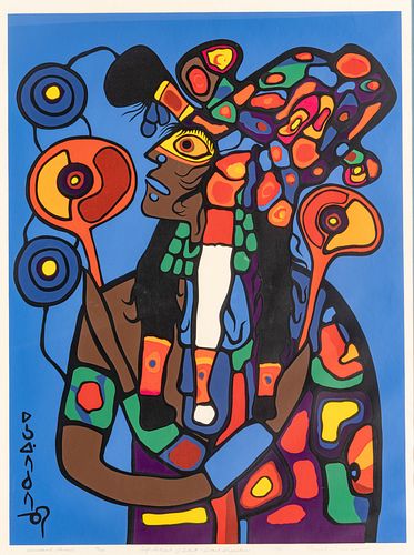 Norval Morrisseau (Canadian, 1932-2007) Serigraph in Colors on Wove Paper 1977, "Self Portrait - Astral Projection", H 31.5" W 23.75"