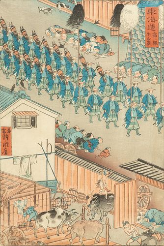 Kawanabe Kyosai (Japanese, 1831-1889) Woodblock Print on Paper, Ca. 1863, "Cow Sheds at Takanawa", H 12.75" W 8.5"